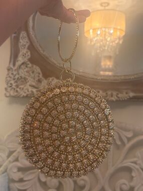 Gold Crystal-Embellished Round Wristlet Clutch
